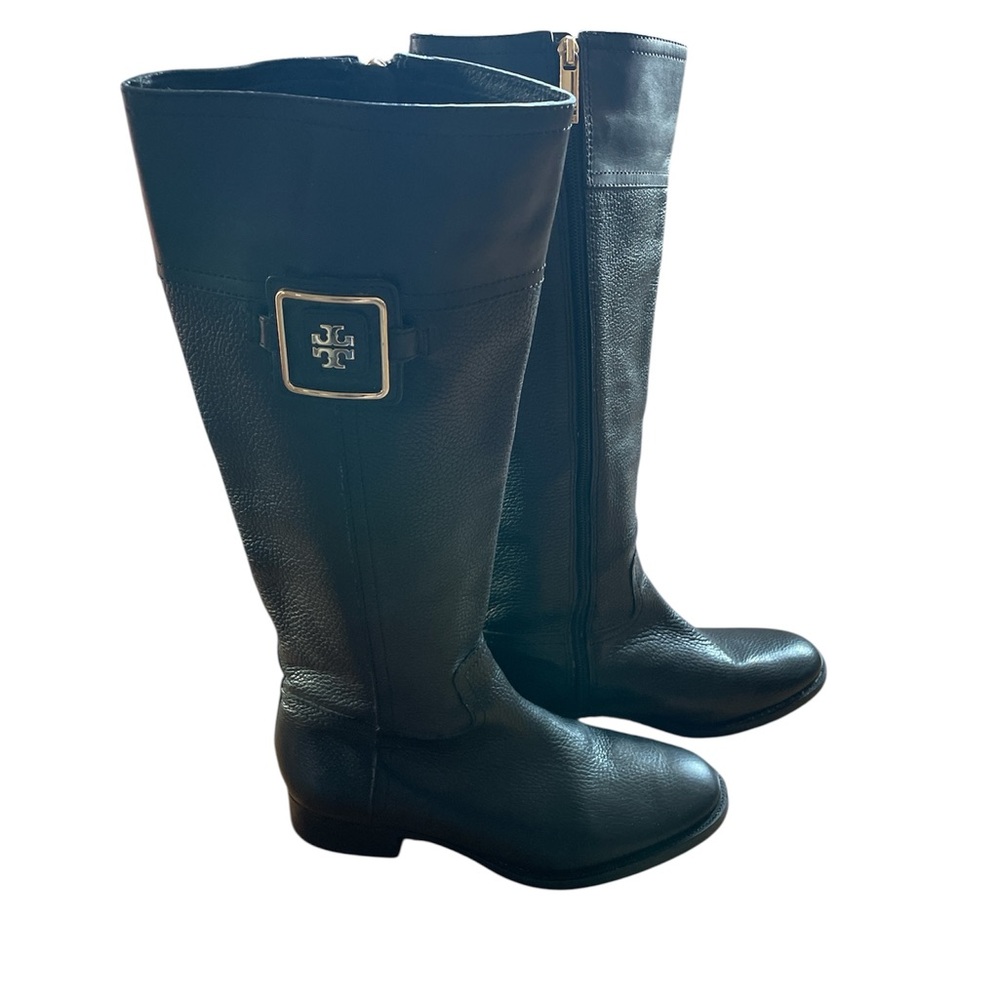 Tory Burch Black Leather Julian Riding Boots with Gold Buckle - Picture 4 of 14